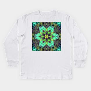 Mosaic Kaleidoscope Flower Green Yellow and Purple Kids Long Sleeve T-Shirt